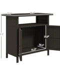 Wicker Outdoor Storage Cabinet With Rattan Bar Table And Two Doors, Open Shelf, 46.6 Gallon Enclosed Storage, Weatherproof Poolside Buffet Console With A Metal Slatted Countertop For Patio Backyard Dark Coffee Finish, dimensions shown