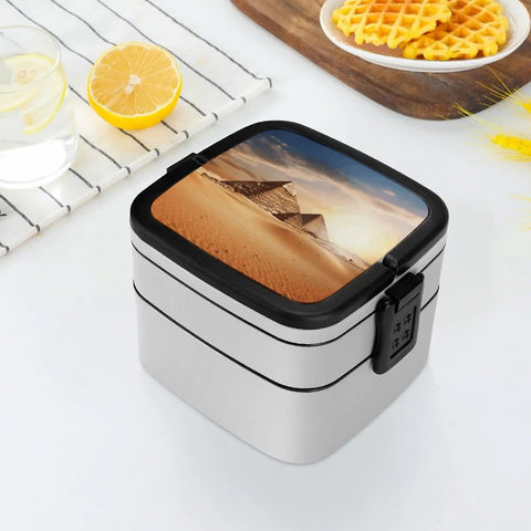 Egyptian Pyramid Themed Bento Box With Spoon Portable Insulated Dual Layer Lunch Box Reusable Leak Proof Food Containers