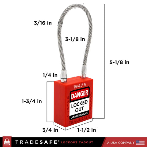 10 Red Keyed-Different Lockout Padlocks With Steel Cable Locks For Safe Lockout Tagout, 2 Keys Each, OSHA Compliant, Premium Grade