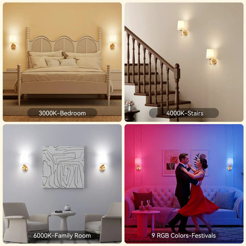Top Shelf Battery Operated Wall Sconces Set Of Two With Remote Control Smart RGB Bulbs In Matte Gold Rechargeable Wireless Reading Light in various settings.