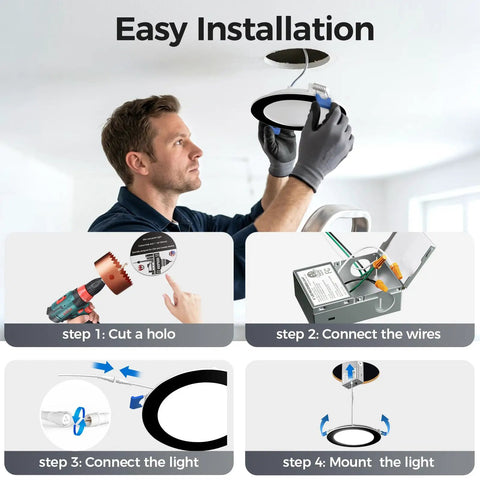 Man installing CHARKEE 12 Pack 6 Inch 5CCT LED Recessed Ceiling Lighting with Night Light, showing steps of the installation process.