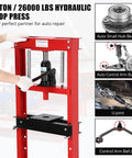 Red Beefy 12 Ton Hydraulic Shop Press With H Frame, adjustable table, ideal for auto bending and stamping projects on garage floor