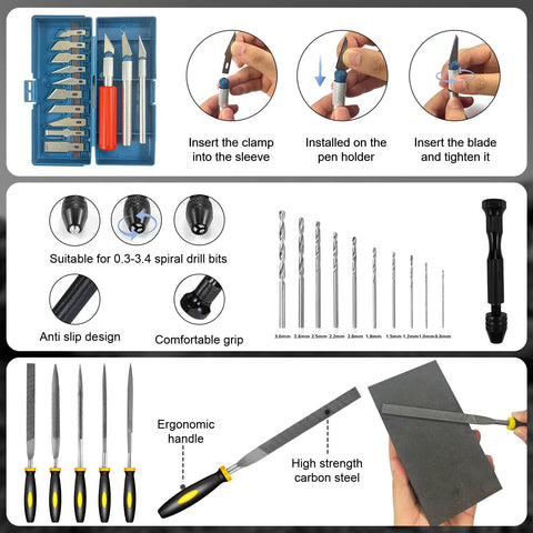 212-piece blue 3D printer tool kit in a case with drill bits, deburring blades, hobby knives and screwdriver handle