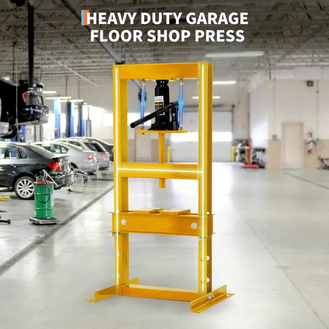Badass Heavy Duty Hydraulic Shop Press And 20 Ton H Frame Floor Bearing Station Pro Grade Workshop Essential, yellow frame in auto shop.