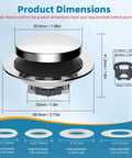 Heavy Duty Metal Bathtub Drain Stopper That Actually Works With Built Hair Catcher And Rapid Flow System Universal Pop Up Tub Plug dimensions shown