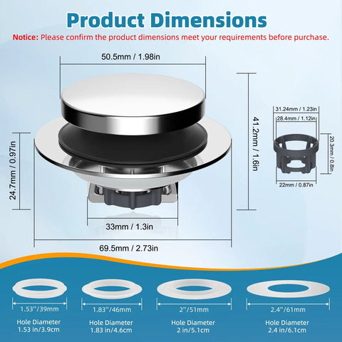 Heavy Duty Metal Bathtub Drain Stopper That Actually Works With Built Hair Catcher And Rapid Flow System Universal Pop Up Tub Plug dimensions shown