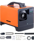 Sweet 5KW Air Heater With Remote Control featuring a compact design, digital display, and accessories for easy installation.