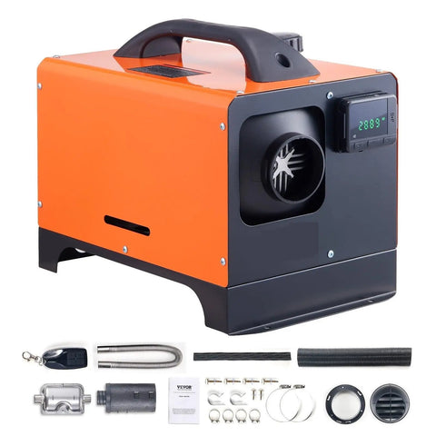 Sweet 5KW Air Heater With Remote Control featuring a compact design, digital display, and accessories for easy installation.