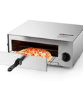 Stainless Steel Countertop Pizza Oven With Auto Shut Off, 12 Inch Capacity, 360 Degree Heating, Up Down Balance Heating, shown with pizza