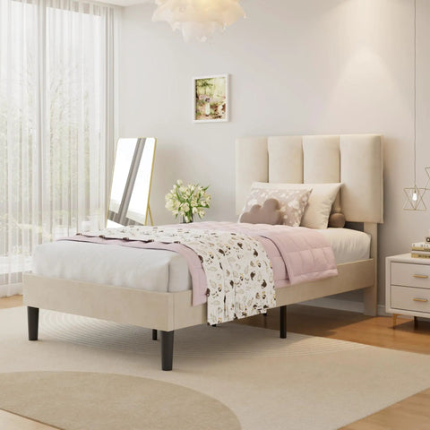 Twin Size Bed Frame Featuring Extra Thick Velvet Upholstered Headboard And Heavy Duty Hardwood Slats Pale Beige Platform Mattress Base in modern bedroom.