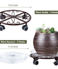 Three Pack Heavy Duty Metal Plant Caddies With Wheels 13.5 Inch Rolling Plant Stand Dollies in bronze finish with plant saucers.