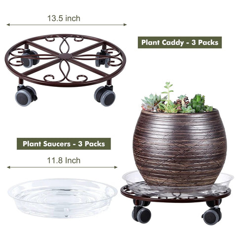 Three Pack Heavy Duty Metal Plant Caddies With Wheels 13.5 Inch Rolling Plant Stand Dollies in bronze finish with plant saucers.