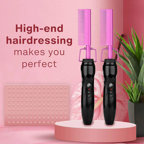 Homfu Electric Hot Comb For Natural Hair, Violet Heat Pressing Straightener Brush on pink background, designed for easy styling.