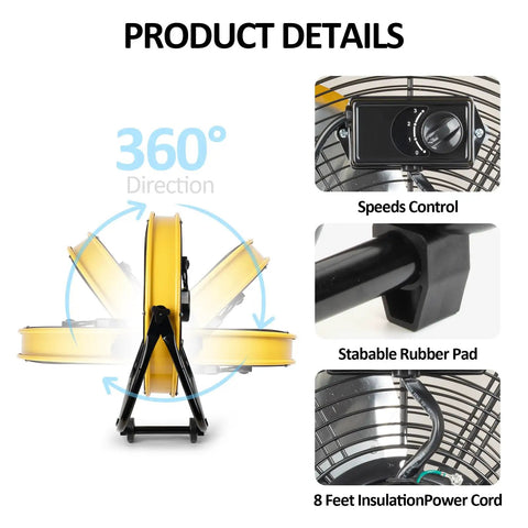 Beast 24 Inch Industrial Drum Fan High Velocity Heavy Duty Metal Blower 8800 CFM 3 Speed Tilt 360 Degree 1/3 HP Motor features