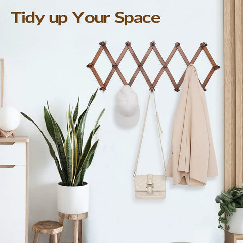 Expandable Wall Hat Rack With Sixteen Wooden Hooks Adjustable Coat Organizer That Fits Any Squeeze While Sorting Baseball Caps Cowboy Hats And Puffer Jackets No Fuss At All
