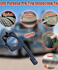 4 In 1 Truck Pre Trip Inspection Tool with Brake Gauge, showing checks for tire tread, brake pad, windshield chips and cracks.