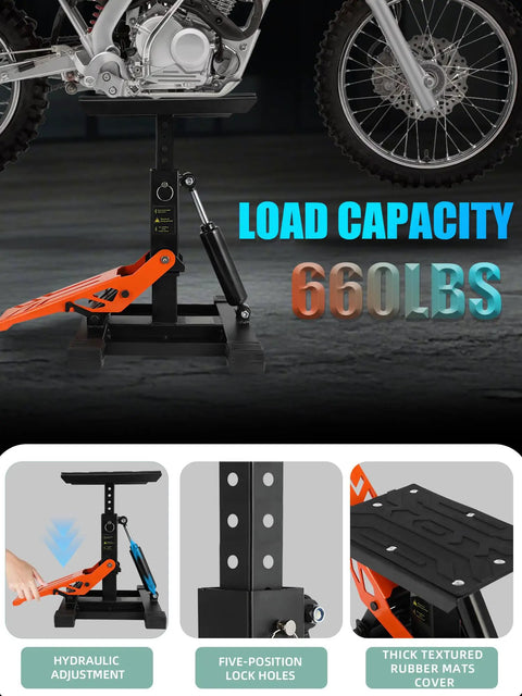 Heavy Duty Dirt Bike Stand With Tool Trays, 660 Lb Capacity, Hydraulic Lift, Damping Adjustable Height For Motocross Pit Bikes.
