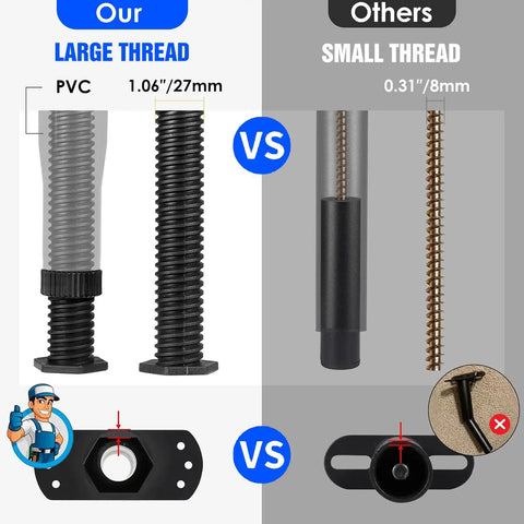 Adjustable Telescopic Bed Support Legs Center Stabilizer comparison showing large PVC thread versus small thread designs.