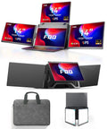 14 Inch Portable Laptop Screen Extender With 3 Screen Setup FHD 1200P IPS Triple Monitor displayed in various configurations with bag