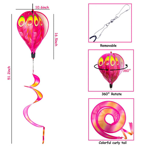 Four Pack Colorful Hot Air Balloon Wind Spinners For Yard Decor With Curly Tails That Spin In The Wind, 51.2in tall with curly tail