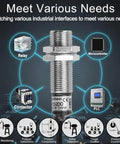 M12 Inductive Proximity Sensor Switch PR12-2DO showcasing connectivity to industrial interfaces like relay, microcontroller, PLC.