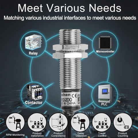 M12 Inductive Proximity Sensor Switch PR12-2DO showcasing connectivity to industrial interfaces like relay, microcontroller, PLC.