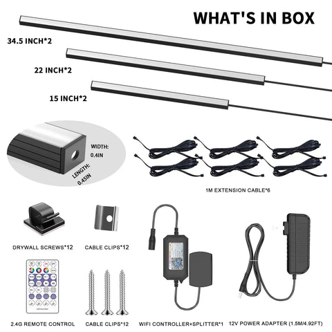 Smart RGB IC Recessed LED Lighting Kit For Wood Slat Wall Panels With Alexa And WiFi App Control Lit Color Changing RGB Strip Lighting For Acoustic Panels And Game Rooms components including LED strips, cables, and remote control