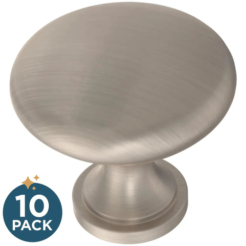 Satin Nickel Cabinet Knobs 10 Pack Round Mushroom Design For Kitchen Cabinets Dresser Drawers Closet Furniture showing top view of knob.