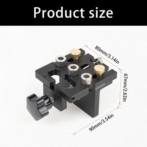 Pro Shop Quality High Precision Woodworking Hole Punch Tool Dowel Jig For Accurate Hole Location In Furniture Assembly And DIY Projects Aluminum Alloy Construction For Long Lasting Performance with dimensions shown in black aluminum alloy body.