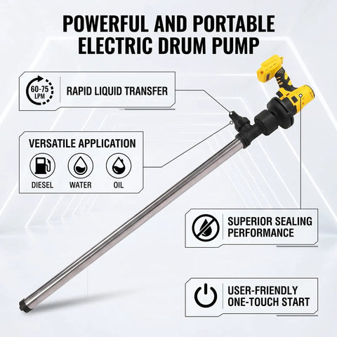 Heavy Duty Electric Drum Pump 8000Rpm Lithium Powered 60-75Lpm High Flow For Water Oil Transfer Stainless Steel Pipe Industrial Workshop Grade