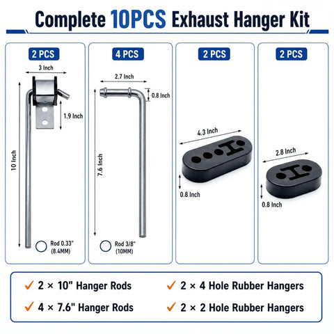 Premium 10pcs Exhaust Hanger Rod Set With Double Length Muffler Brackets For Custom Repair And Car Tuning Projects Ensuring Secure Mounts, 10-inch rods and rubber hangers