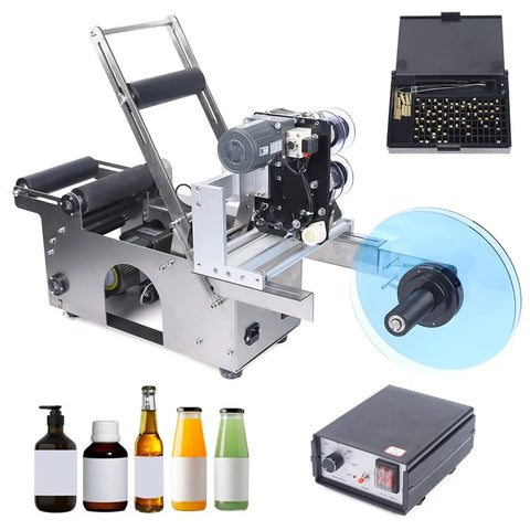 Resfirme 100W Semi-Automatic Round Labeling Machine For Jars And Bottles with metal body, motor, and attached labeling wheel.