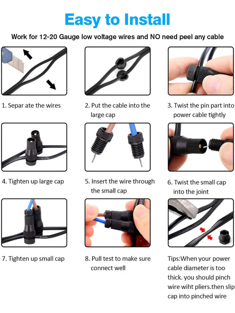 Installation steps for Fastlock Outdoor Low Voltage Landscape Light Connectors 16 Pack for easy wire install, twist style.