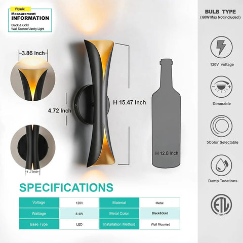 Flynix LED Indoor Wall Sconces, 5 Color Temps Dimmable Hardwired Wall Light with gold and black design, dimensions shown.
