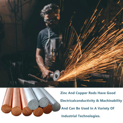 Two Pieces 99.995 Percent Pure Copper And Zinc Rods, 3 Eighths Inch Diameter by 4 Inches Long, bare metal bars with sparks
