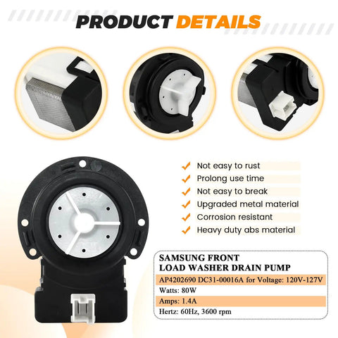 Upgraded Washer Drain Pump Replacement DC31-00054A 62902090 for Kenmore and Samsung washers, front view of product details.