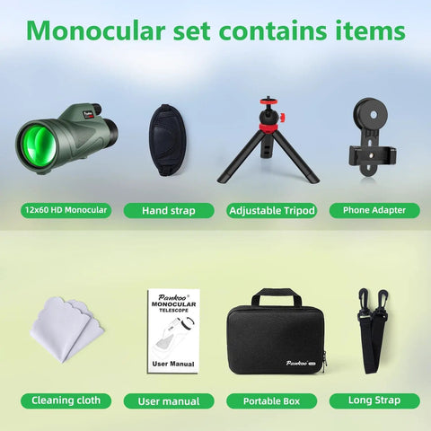 12x60 HD Monocular Telescope With Smartphone Adapter, Tripod, Hand Strap, Case, Cleaning Cloth, Manual, Ideal For Outdoors