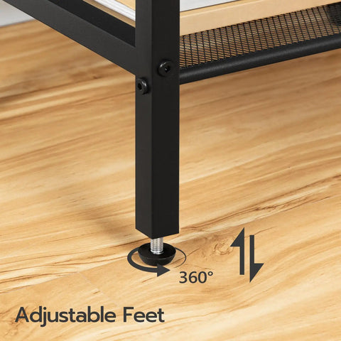 Built Tough Industrial Tall Side Table Featuring Adjustable Mesh Shelves And Rugged Steel Frame's adjustable feet for stability.