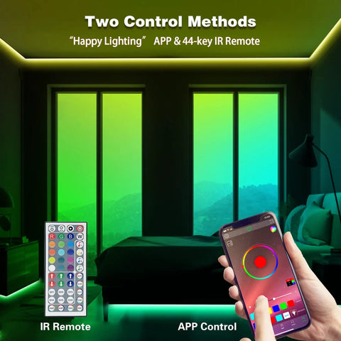 Two Rolls Of 65.6 Ft Color Changing LED Strip Lights with phone app control showing interface and IR remote, lighting bedroom in green.