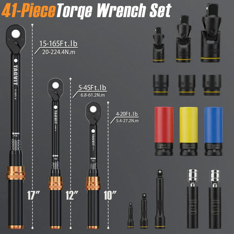 41 Piece Torque Wrench Set With Click Type Tools For Bikes, Motorcycles, Cars And Home Garage Maintenance Includes 4 To 20 Foot Pounds, 5 To 45 Foot Pounds, And 15 To 165 Foot Pounds With 3 Percent Accuracy Plus Extensions, Sockets And Bits, 41-piece torque wrench kit with 10, 12, and 17 inch wrenches