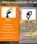 Comparison of solid brass 12V low-voltage wired landscape lighting set with other models, focusing on materials and features such as waterproofing.