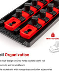 Twist-to-lock design detail of Half Inch Drive Shallow Six-Point Socket Set With Rails And Tray, 29-Piece, Metric Sockets