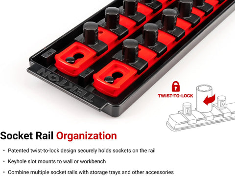 Twist-to-lock design detail of Half Inch Drive Shallow Six-Point Socket Set With Rails And Tray, 29-Piece, Metric Sockets
