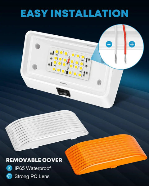 Bright 320 Lumen RV Exterior Porch Light With Switch 12V Replacement LED for campers, white base, clear and amber lenses.