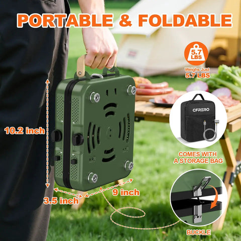 Person holding Two Burner Foldable Camping Stove With Carry Bag For Outdoor Cooking, Portable and lightweight, 5.7 lbs