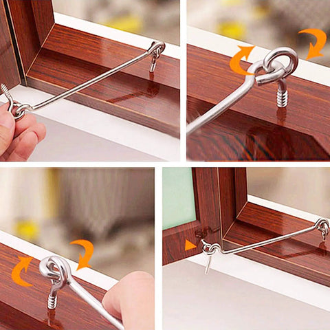 Set Of Four 1.5 Inch Galvanized Steel Swivel Latches demonstrating easy installation on a wooden window frame.
