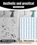 Easy Peasy Peel And Stick Self Adhesive Wallpaper With Chill Blue And White Hand Drawn Stripes on a dresser before and after application.