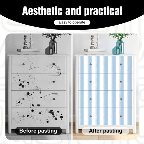 Easy Peasy Peel And Stick Self Adhesive Wallpaper With Chill Blue And White Hand Drawn Stripes on a dresser before and after application.