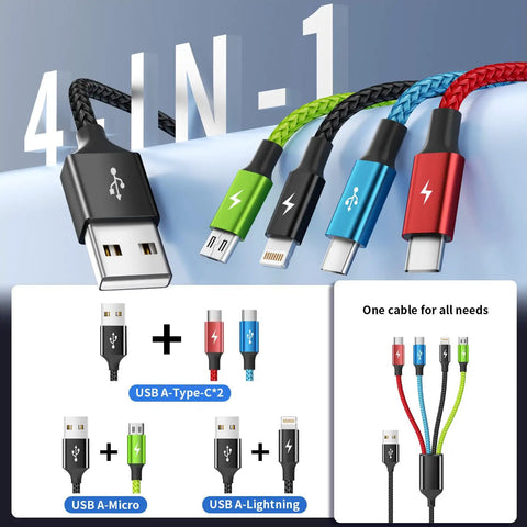 4 in 1 Multi Charging Cable for Car and Travel On The Go 2 Pack 5Ft Nylon Braided USB C USB A Micro Cables Tangle Free Fast Charger