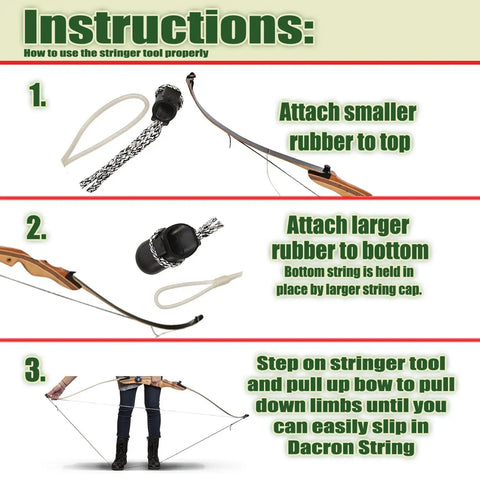 Instructions for using Archery Bow Stringer Tool for Recurve, Traditional, and Long Bows with step-by-step visual guide